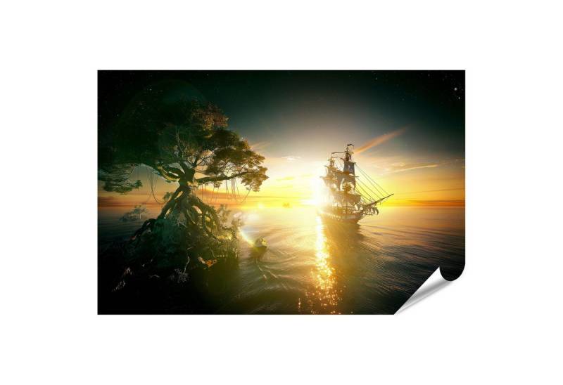 islandburner Poster, Segelschiff bei Sonnenuntergang mit magischem Baum von islandburner