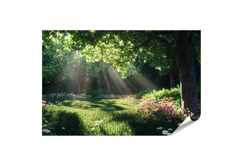 islandburner Poster, Sonnendurchfluteter Waldgarten mit Blumen von islandburner