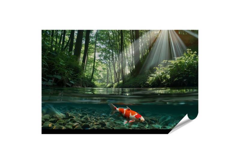 islandburner Poster, Sonnenstrahlen im Wald mit Koi im Teich von islandburner