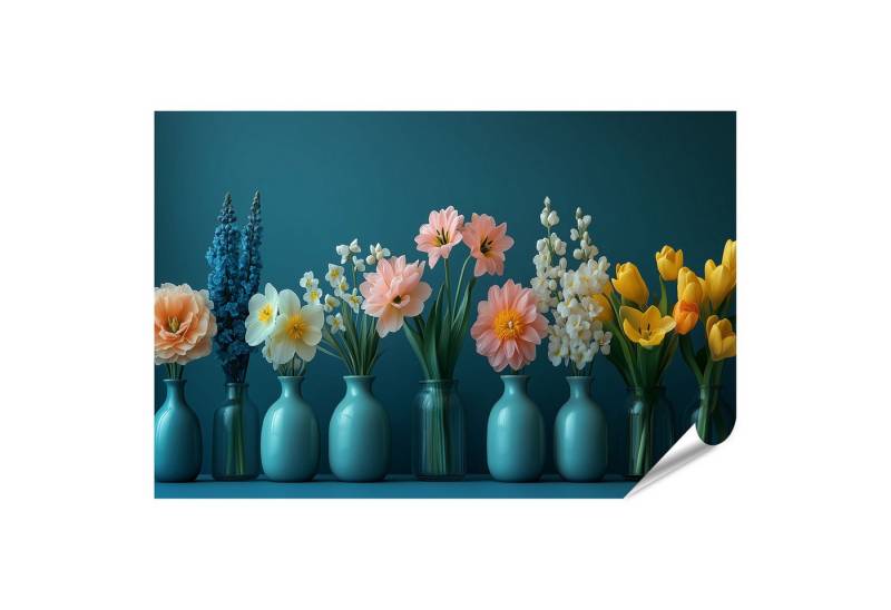 islandburner Poster, Verschiedene Blumen in blauen Vasen vor dunkelblauem Hintergrund von islandburner