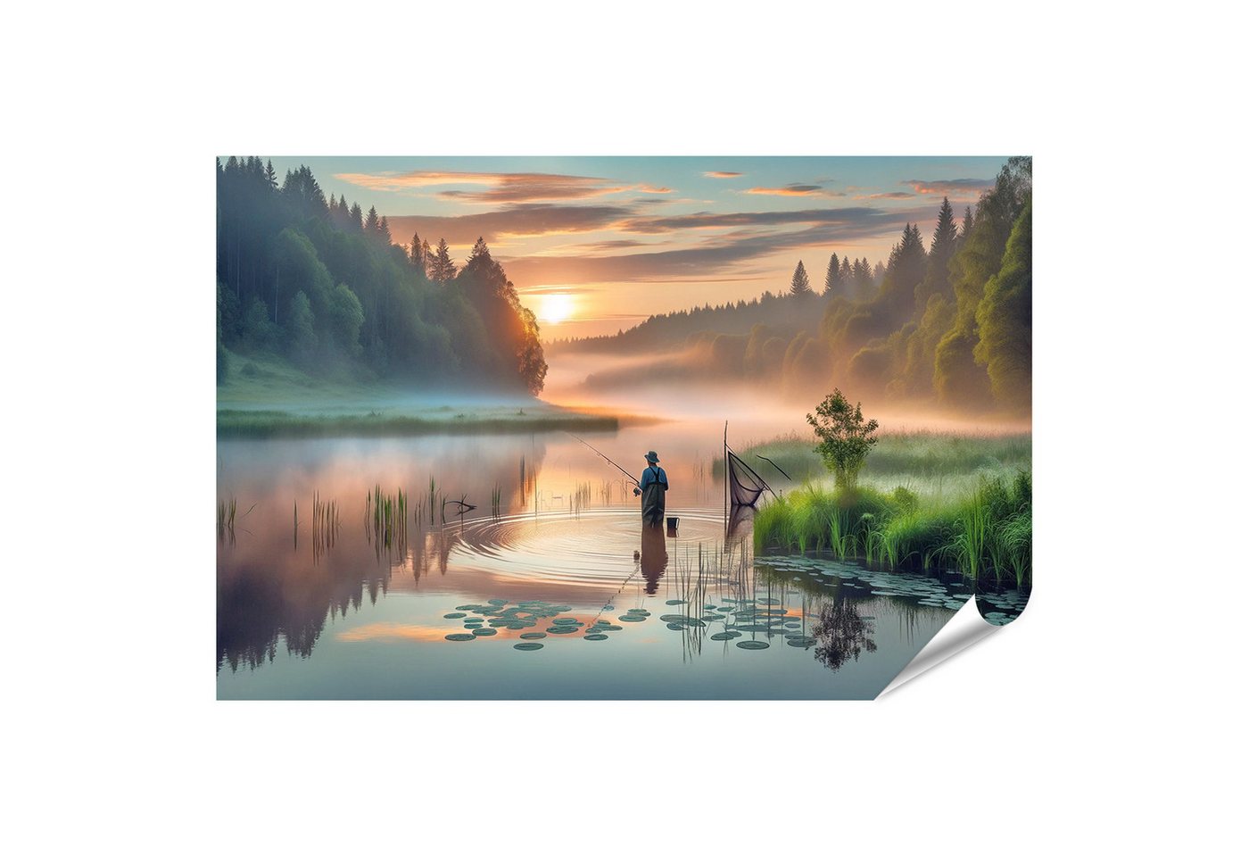 islandburner Poster Angler im nebligen Fluss bei Sonnenaufgang Bilder von islandburner