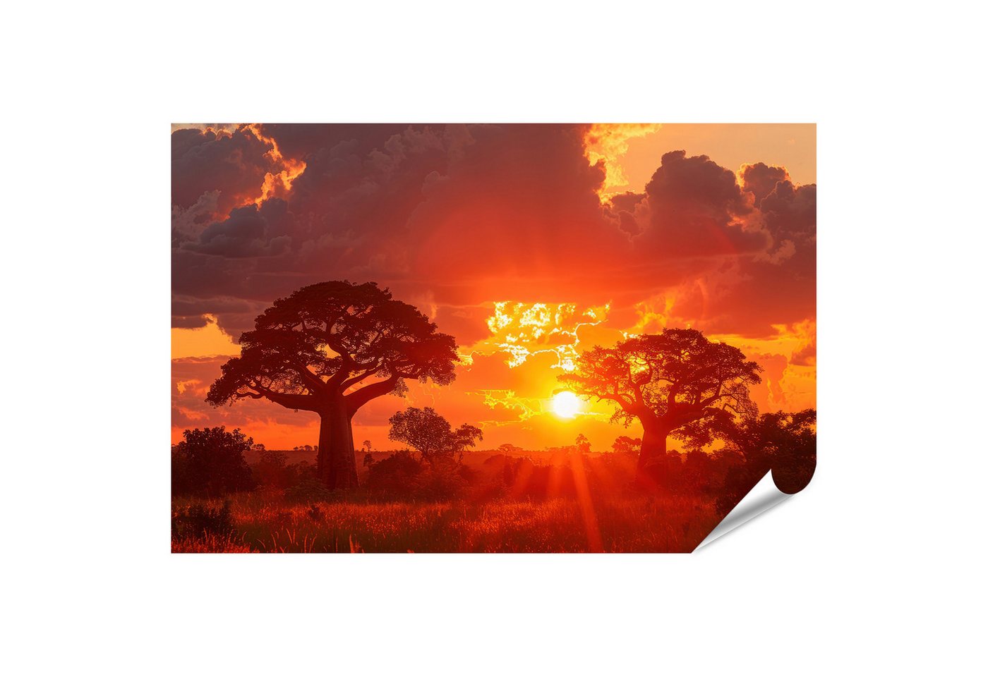 islandburner Poster Atemberaubende Darstellung: Baobab-Bäume vor leuchtendem, orangem Sonn von islandburner