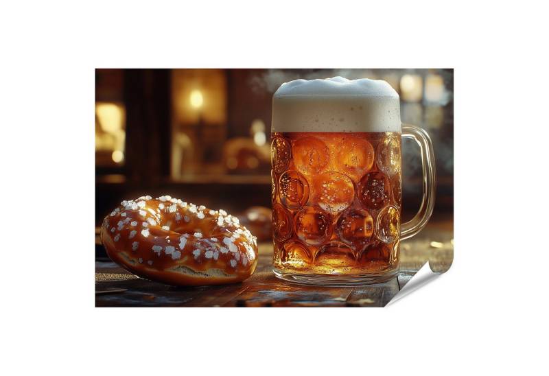 islandburner Poster Bierkrug und Brezel auf Holztisch Abendlicht von islandburner
