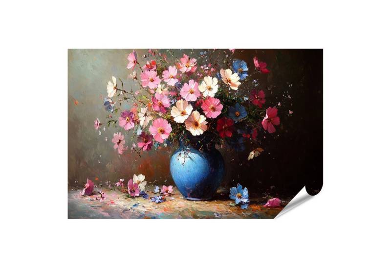 islandburner Poster Blumenstrauß in einer blauen Vase umgeben von verstreuten Blütenblätt von islandburner