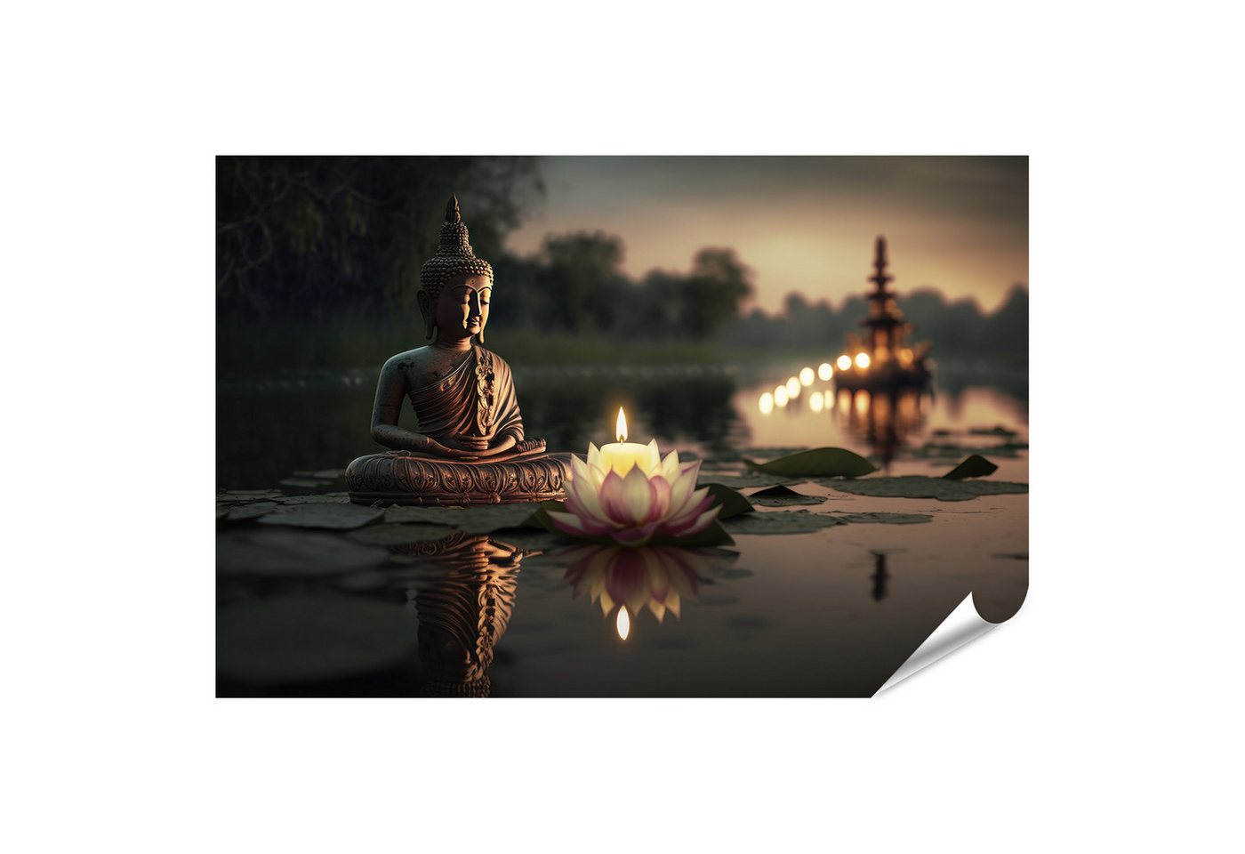 islandburner Poster Buddha Meditation mit Kerzen und Lotusblume im Wasser Wandbild von islandburner