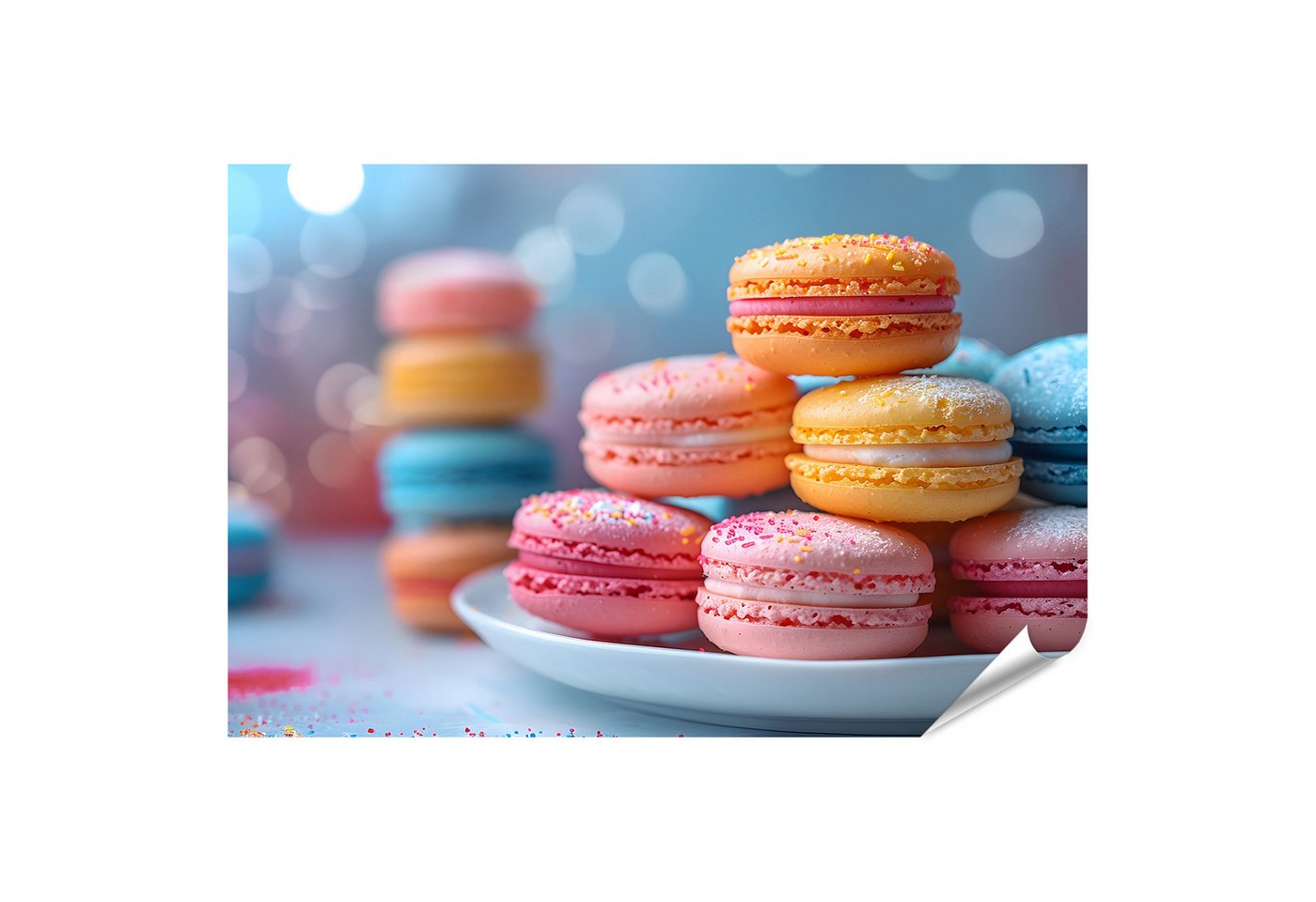 islandburner Poster Bunte Macarons auf weißem Teller mit hellem Hintergrund Wandbild islandburner Poster Bunte Macarons auf weißem Teller mit hellem Hintergrund Wandbild von islandburner