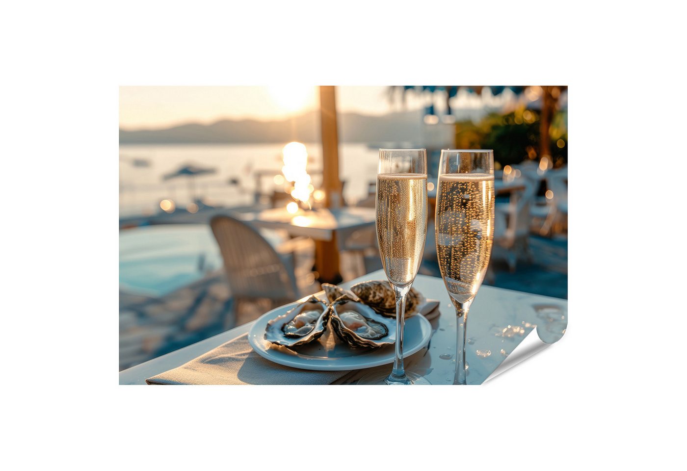 islandburner Poster Champagner, Austern und Brillen auf einem Tisch mit Meerblick arrangie von islandburner