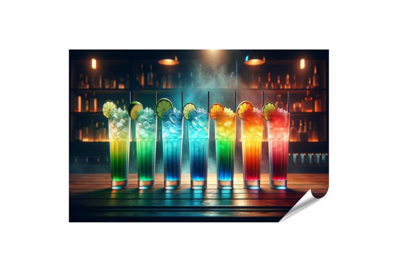 islandburner Poster Cocktailkunst: Fünf farbenprächtige Gläser auf Holzbartresen von islandburner