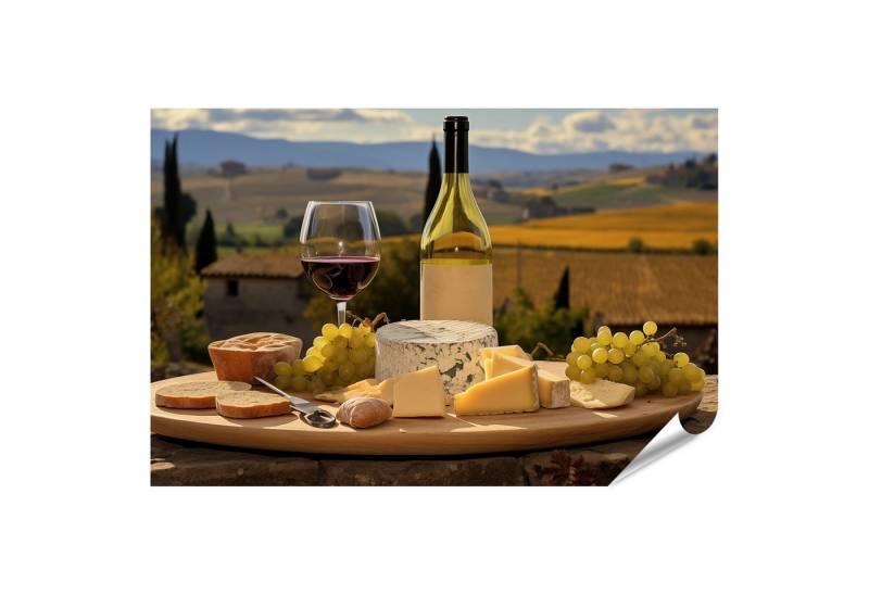 islandburner Poster Diverse Käsesorten, frische Trauben und Weingläser auf einem Tisch arr von islandburner