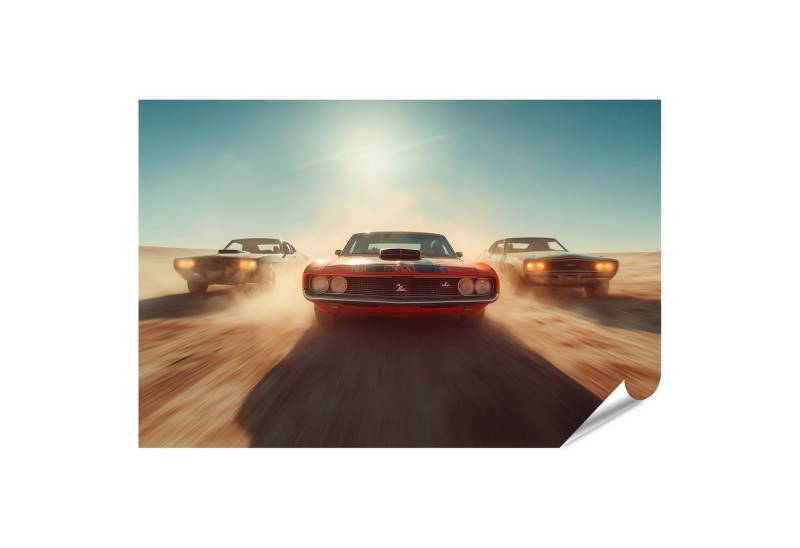 islandburner Poster Drei Autos rasen durch die Wüste unter strahlendem Himmel von islandburner