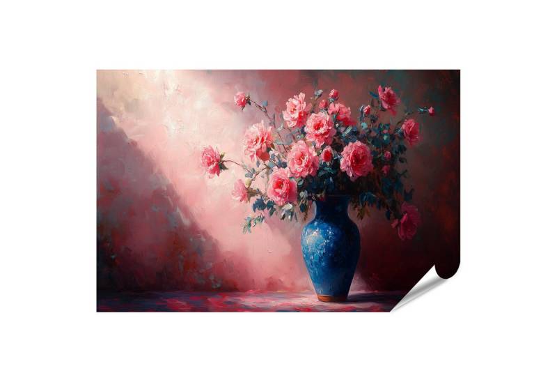 islandburner Poster Ein blaues Vase mit wunderschönen rosa Blumen im warmen Licht von islandburner