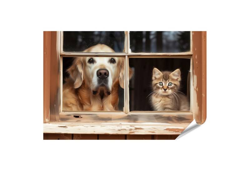 islandburner Poster Ein groäer Hund und ein kleines Kätzchen blicken gemeinsam zum Fenster von islandburner