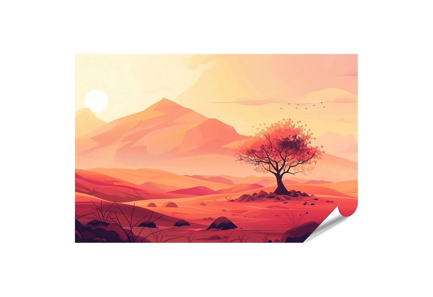 islandburner Poster Einsamer Baum in Wüstenlandschaft bei Sonnenuntergang mit warmen Oran von islandburner