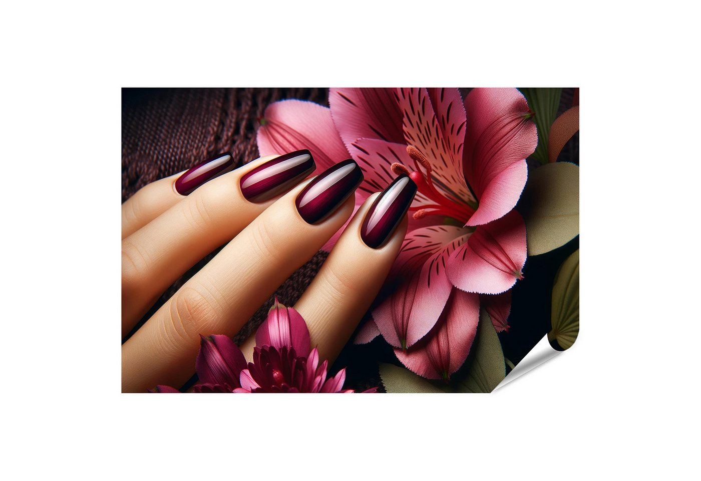 islandburner Poster Elegante Maniküre mit Tiefmaroon Lack und Blumenhintergrund Beauty Sal von islandburner