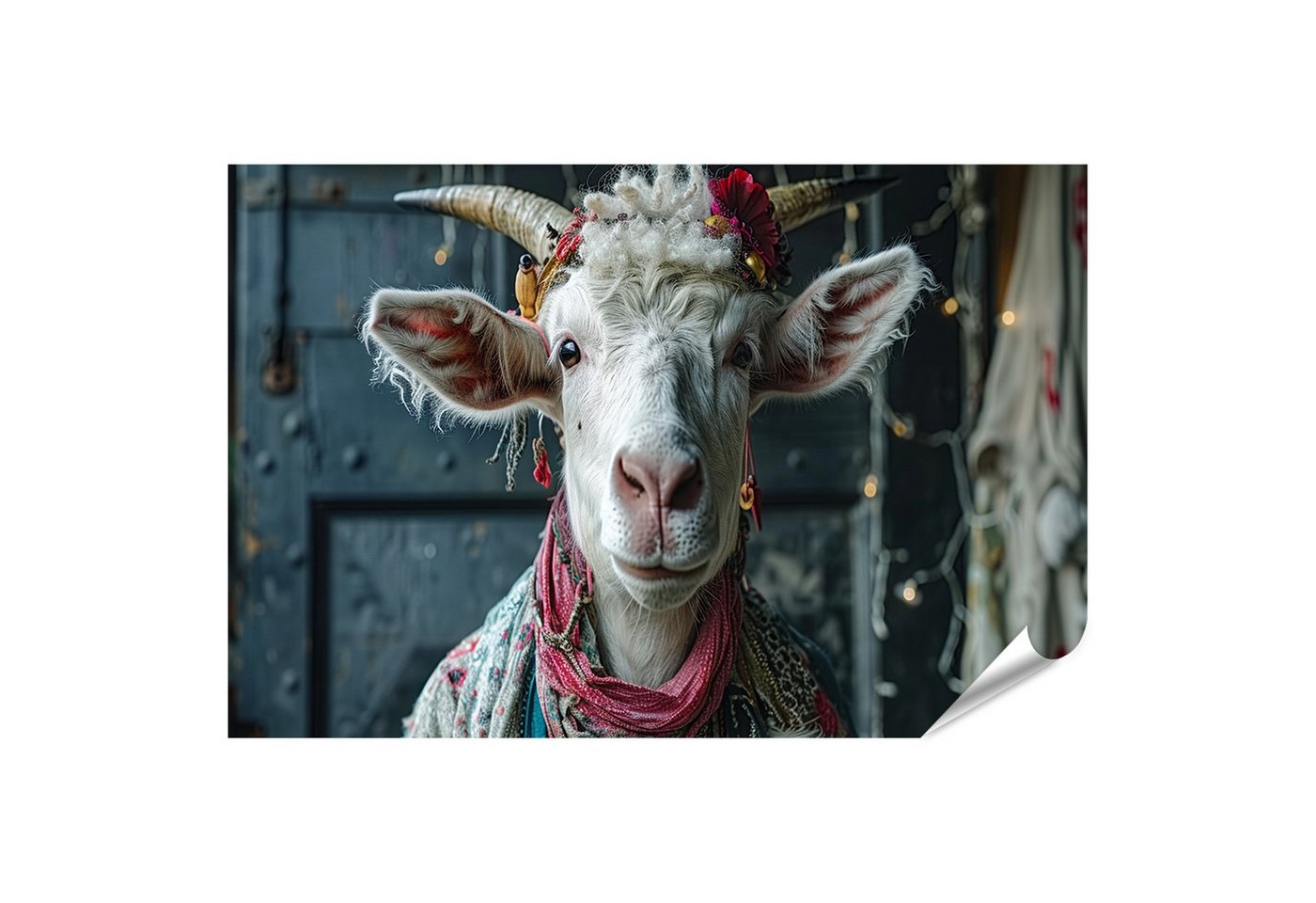 islandburner Poster Elegante Ziege mit Blumen und Schal im Boho Stil Wandbild islandburner Poster Elegante Ziege mit Blumen und Schal im Boho Stil Wandbild von islandburner