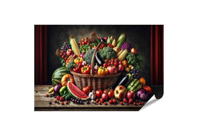 islandburner Poster Erntedank: Geflochtener Korb mit Obst und Gemüse auf Holz von islandburner