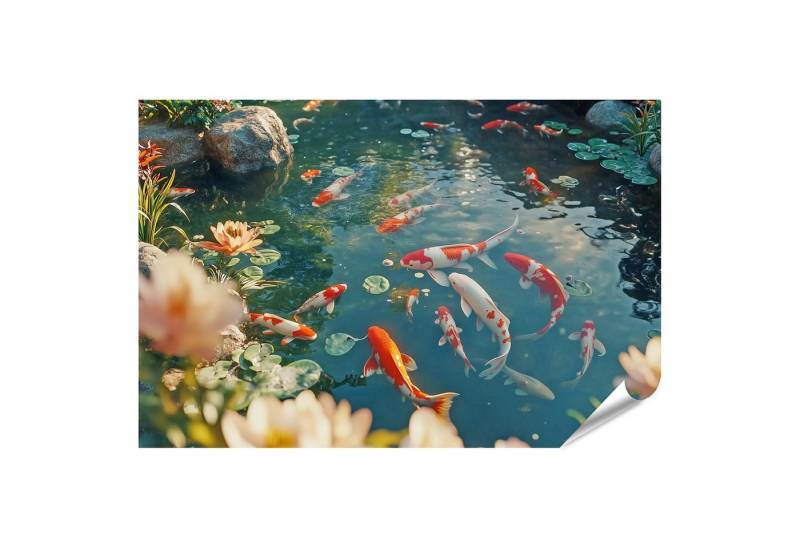 islandburner Poster Farbenfroher Koi Teich mit Seerosen und Felsen von islandburner