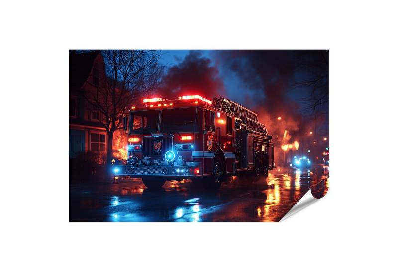 islandburner Poster Feuerwehrauto mit ausgefahrener Leiter bei Brandeinsatz von islandburner