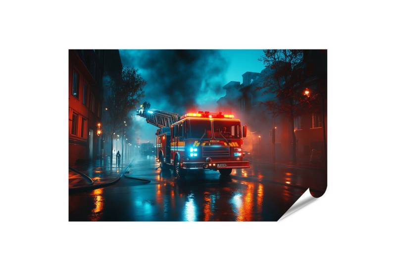 islandburner Poster Feuerwehrauto mit ausgefahrener Leiter bei einem Brandeinsatz von islandburner