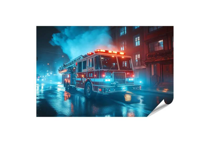 islandburner Poster Feuerwehrwagen mit ausgefahrener Leiter bei einem Brandeinsatz von islandburner