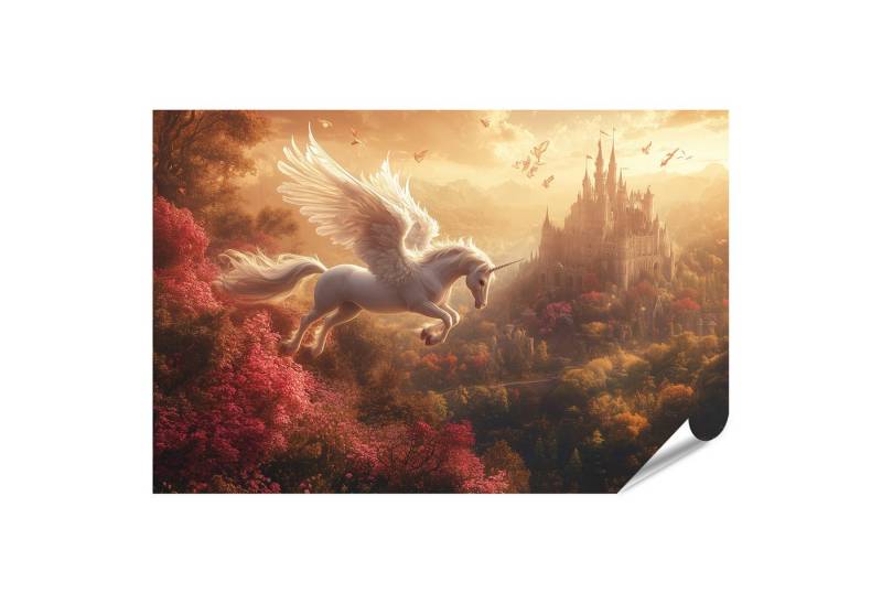 islandburner Poster Fliegendes Einhorn über magischem Schloss im Herbst von islandburner