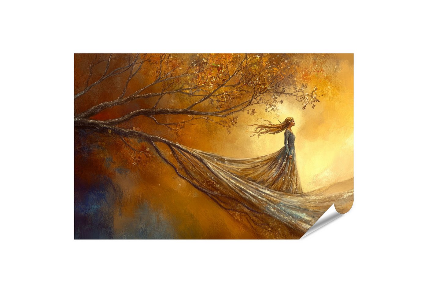 islandburner Poster Frau im Herbstwind unter einem Baum mit goldenen Blättern Wandbild islandburner Poster Frau im Herbstwind unter einem Baum mit goldenen Blättern Wandbild von islandburner