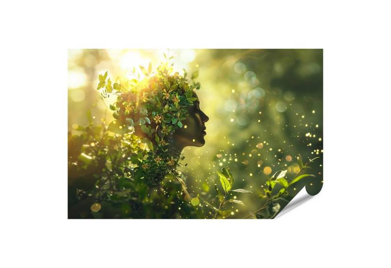 islandburner Poster Frau verwandelt Natur in üppigen Wald mit blühenden Blumen in warmem von islandburner