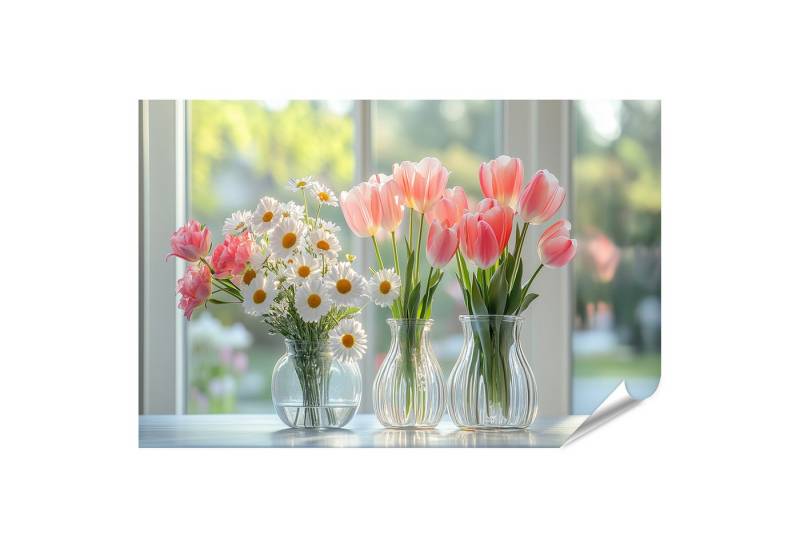 islandburner Poster Frische Blumen in Vasen auf einem sonnigen Fensterbrett von islandburner