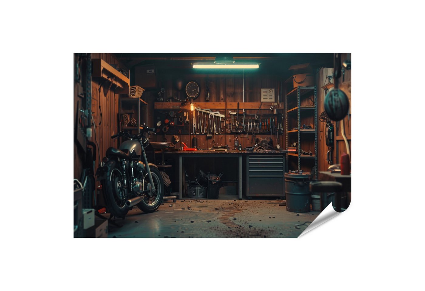 islandburner Poster Gemütliche Motorradwerkstatt mit gut sortierter Werkbank und vers islandburner Poster Gemütliche Motorradwerkstatt mit gut sortierter Werkbank und vers von islandburner