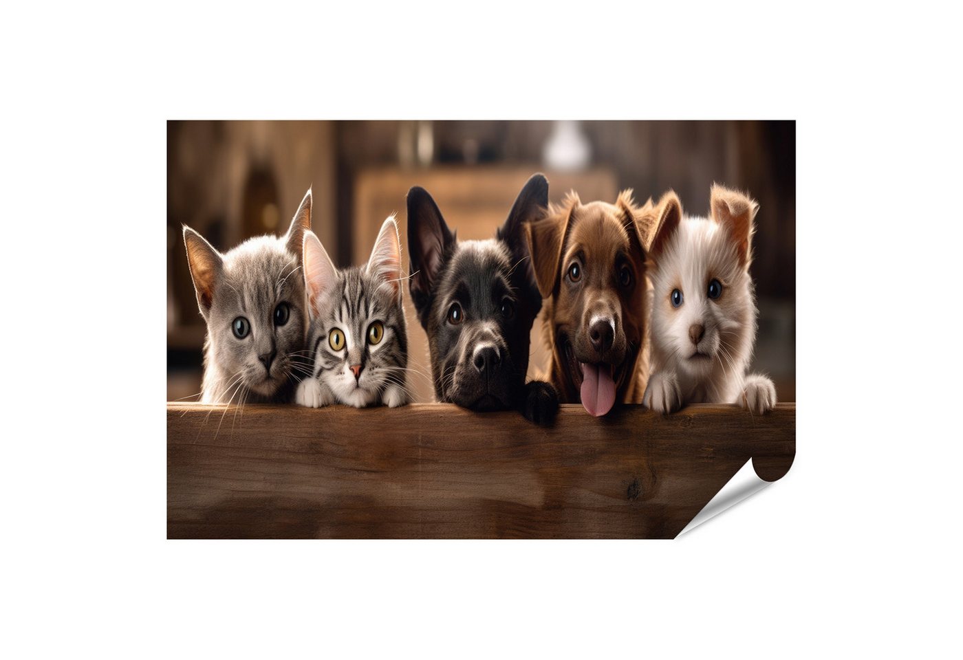 islandburner Poster Glückliche Hunde und Katzen spähen über klare Holzrahmen in Bilder von islandburner