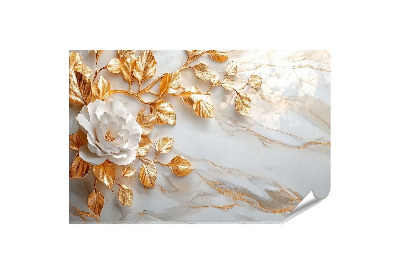islandburner Poster Goldene Blätter und weiße Blume auf Marmor 1 Wandbild islandburner Poster Goldene Blätter und weiße Blume auf Marmor 1 Wandbild von islandburner