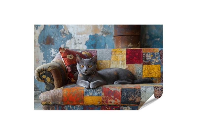 islandburner Poster Graue Katze auf buntem Vintage Sofa von islandburner
