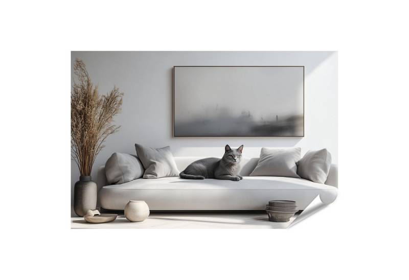 islandburner Poster Graue Katze auf weißem Sofa mit moderner Dekoration von islandburner