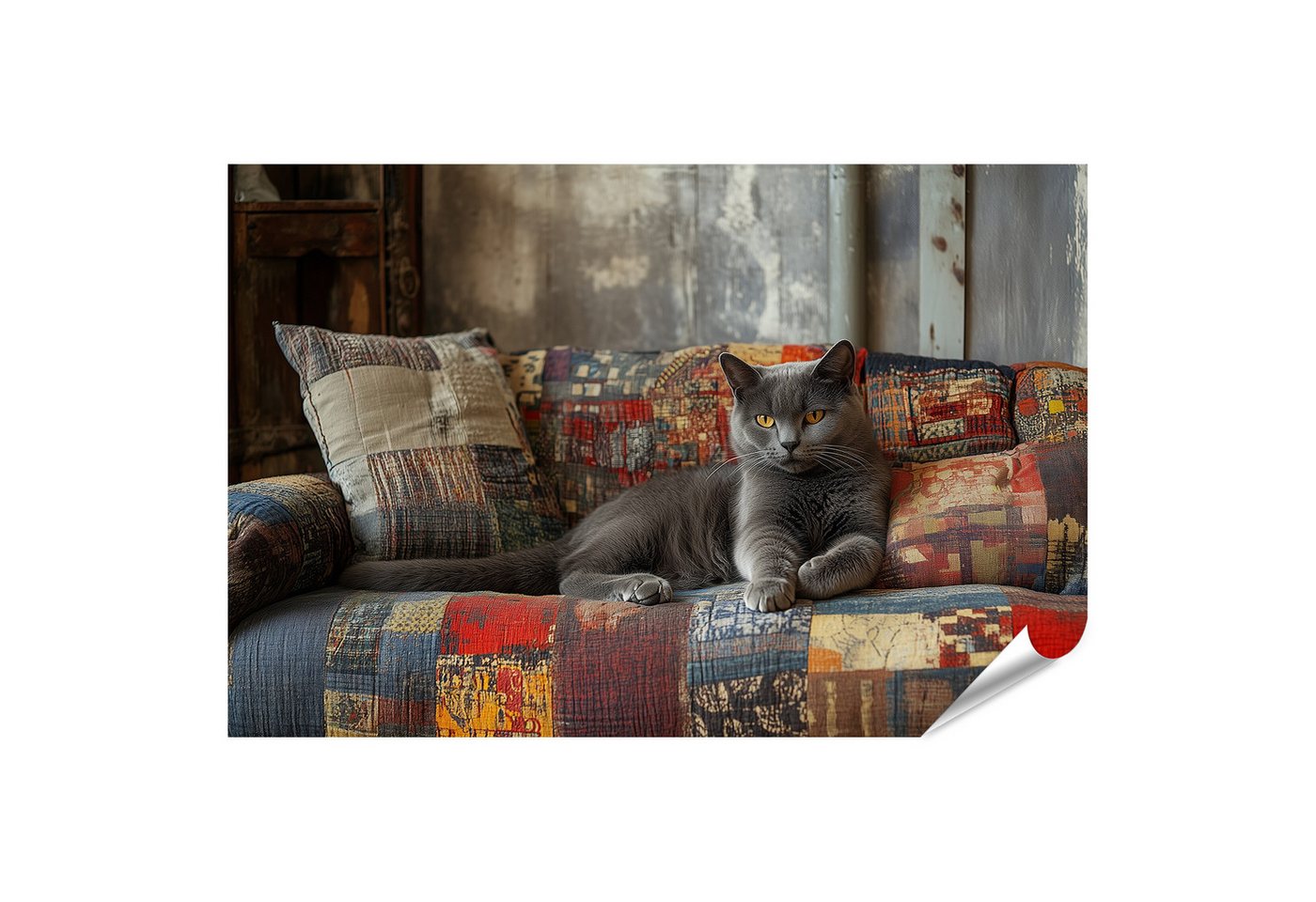 islandburner Poster Graue Katze entspannt auf buntem Sofa islandburner Poster Graue Katze entspannt auf buntem Sofa von islandburner