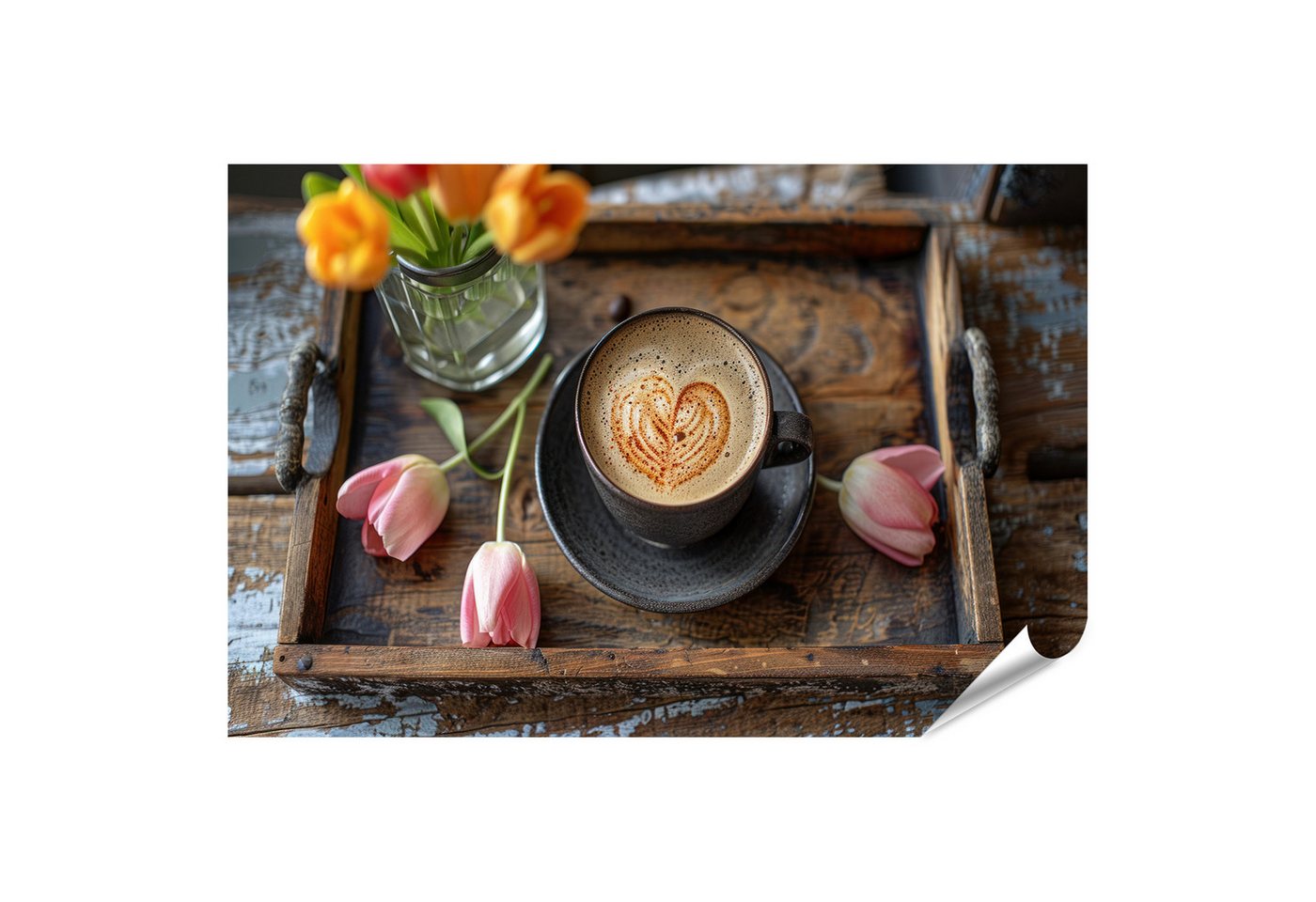 islandburner Poster Herzförmige Kaffeetasse auf rustikalem Holztablett, Vase mit bunten Fr von islandburner