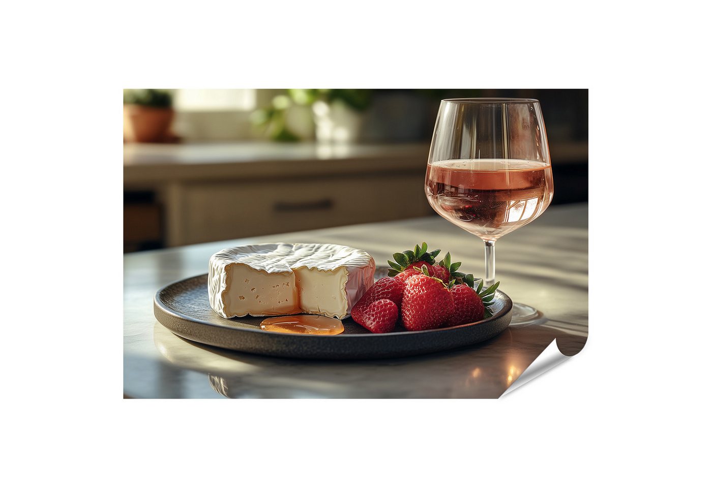 islandburner Poster Käse mit Erdbeeren und Roséwein auf Tisch islandburner Poster Käse mit Erdbeeren und Roséwein auf Tisch von islandburner