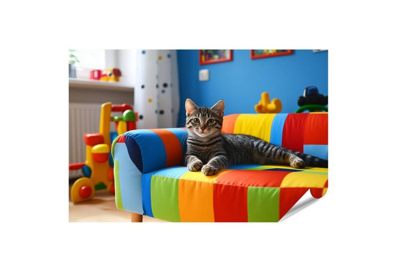islandburner Poster Katze auf buntem Kinderzimmer Sofa von islandburner