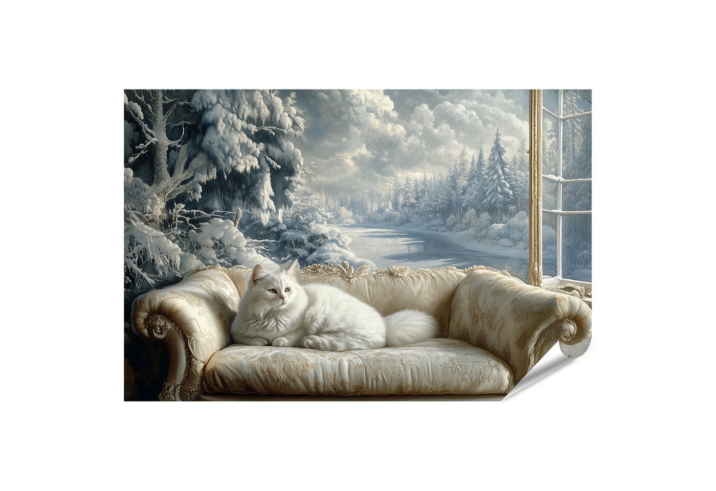 islandburner Poster Katze auf einem Sofa vor Winterlandschaft islandburner Poster Katze auf einem Sofa vor Winterlandschaft von islandburner