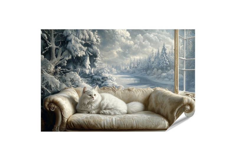 islandburner Poster Katze auf einem Sofa vor Winterlandschaft von islandburner
