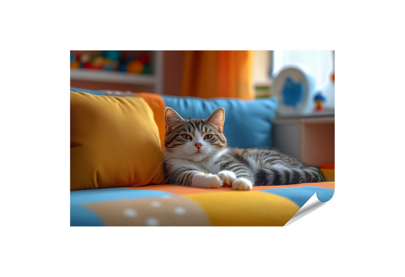 islandburner Poster Katze entspannt auf buntem Sofa islandburner Poster Katze entspannt auf buntem Sofa von islandburner