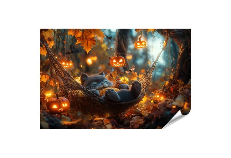 islandburner Poster Katze schläft in der Hängematte mit Kürbislampen von islandburner