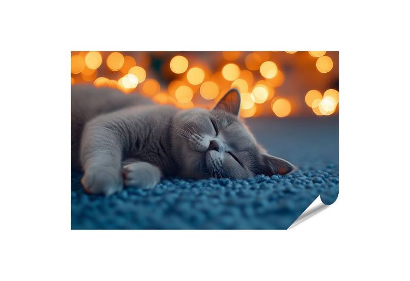 islandburner Poster Katze schlafend auf blauem Teppich mit Lichtern von islandburner