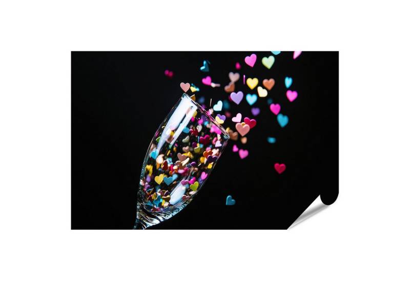 islandburner Poster Konfetti-Herzen explodieren aus Champagnerglas, schwarzer Hintergrund von islandburner