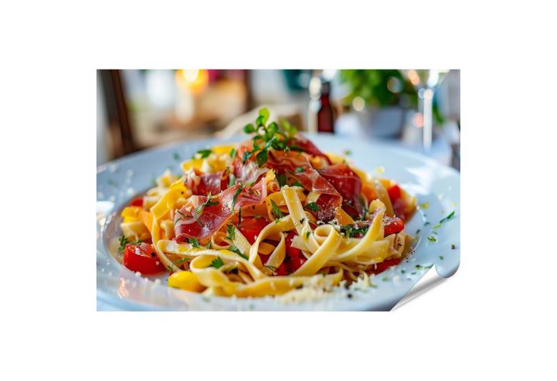 islandburner Poster Lebendiger Teller Tagliatelle Pasta, belegt mit frischem Prosciut von islandburner