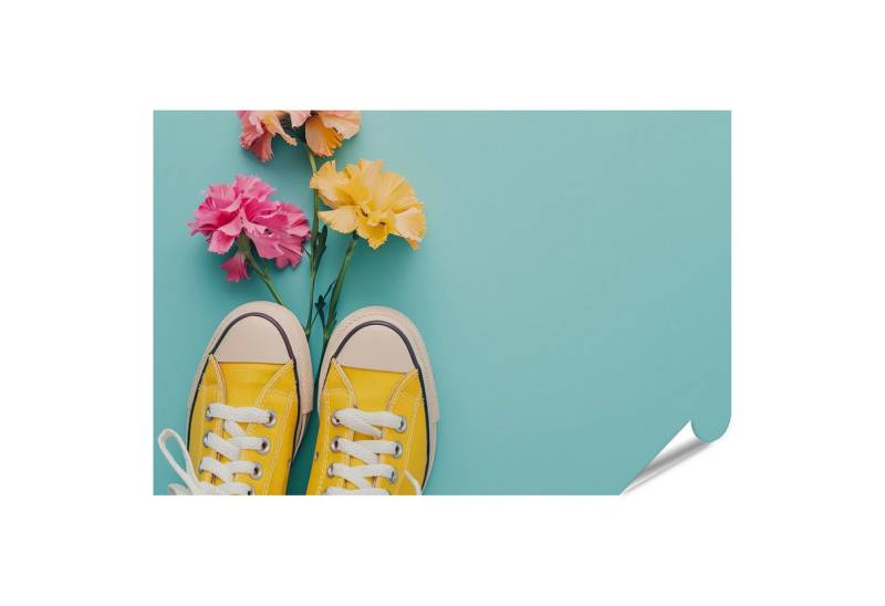 islandburner Poster Leuchtend gelbe Sneakers stechen hervor, bunte Blumen setzen verspiel islandburner Poster Leuchtend gelbe Sneakers stechen hervor, bunte Blumen setzen verspiel von islandburner