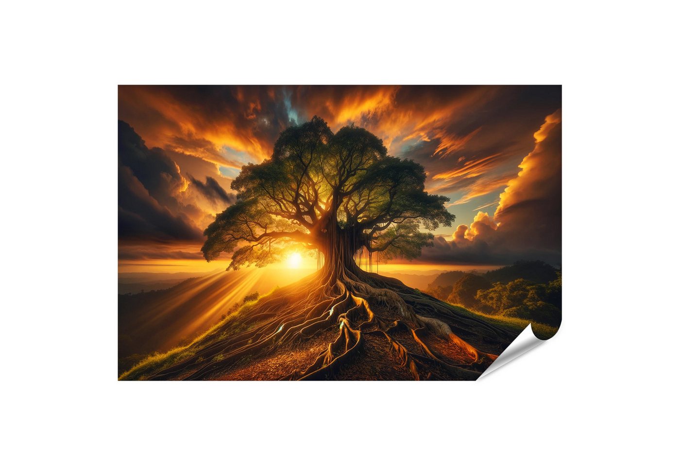 islandburner Poster Majestätischer Baum auf Hügel Sonnenuntergang weitläufige Wurzeln von islandburner