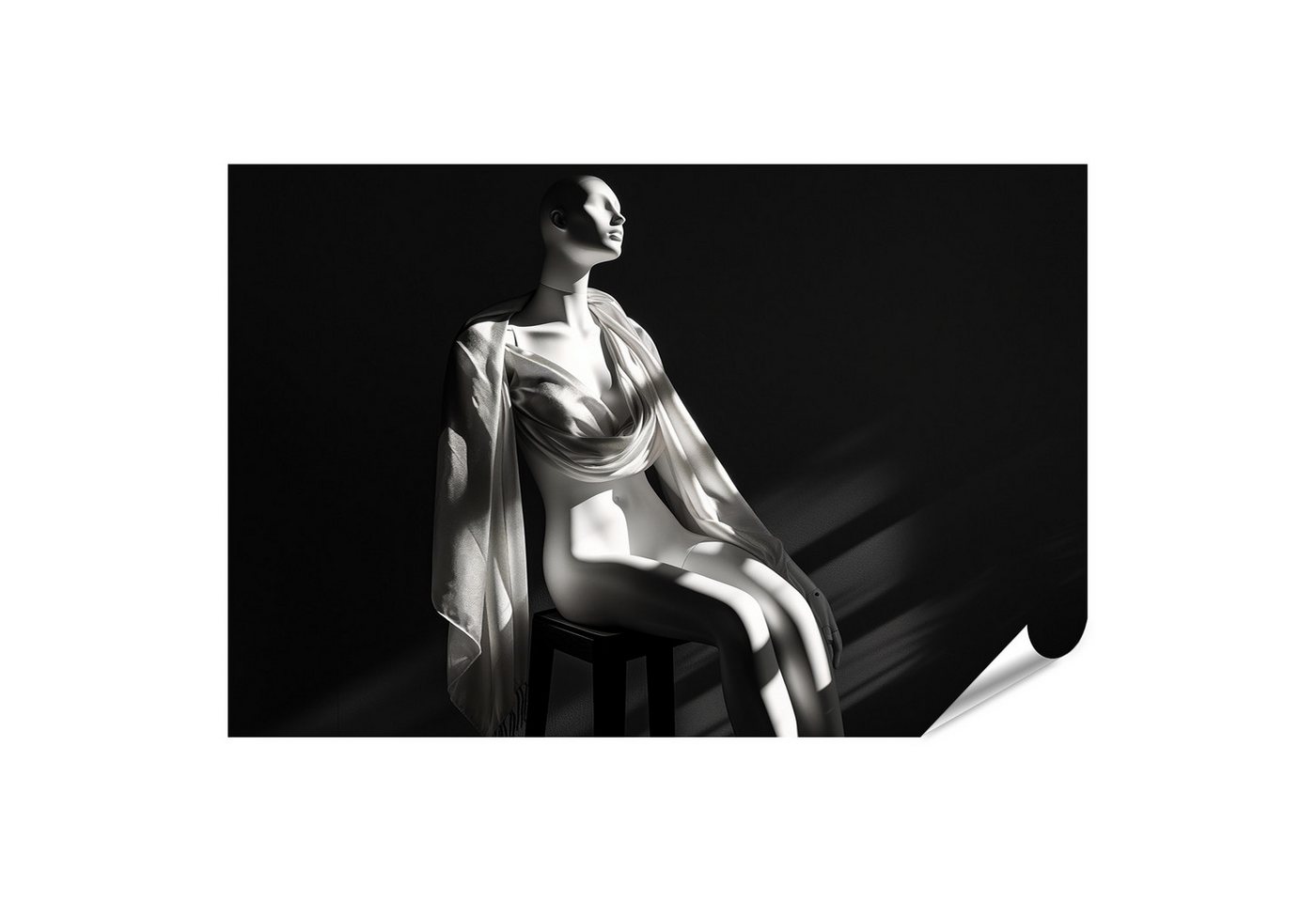 islandburner Poster Mannequin elegant auf Hocker sitzend, mit Seidenschal drapiert, posier von islandburner