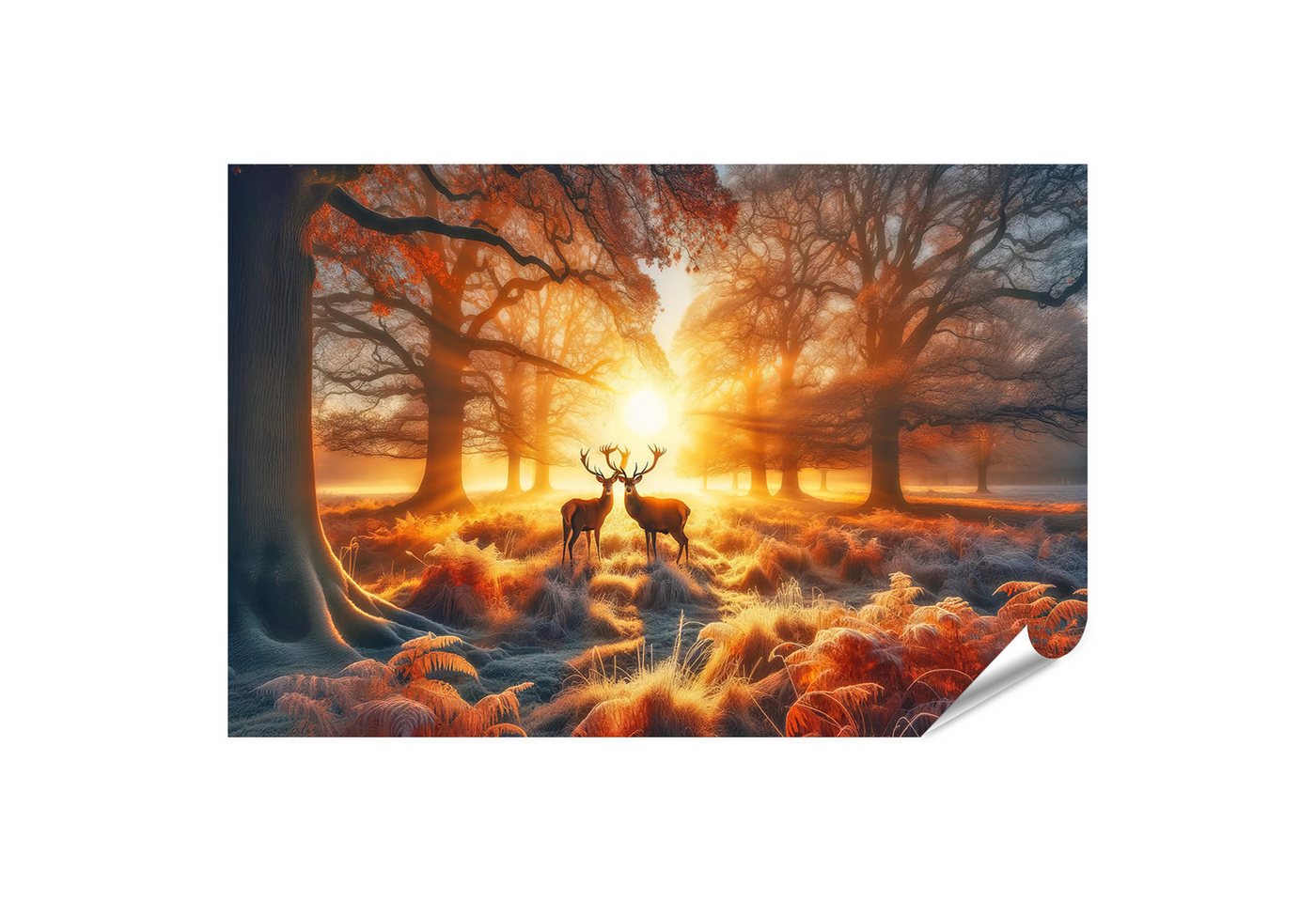 islandburner Poster Morgenlichterwachen: Zwei Hirsche im frostigen Sonnenglanz von islandburner
