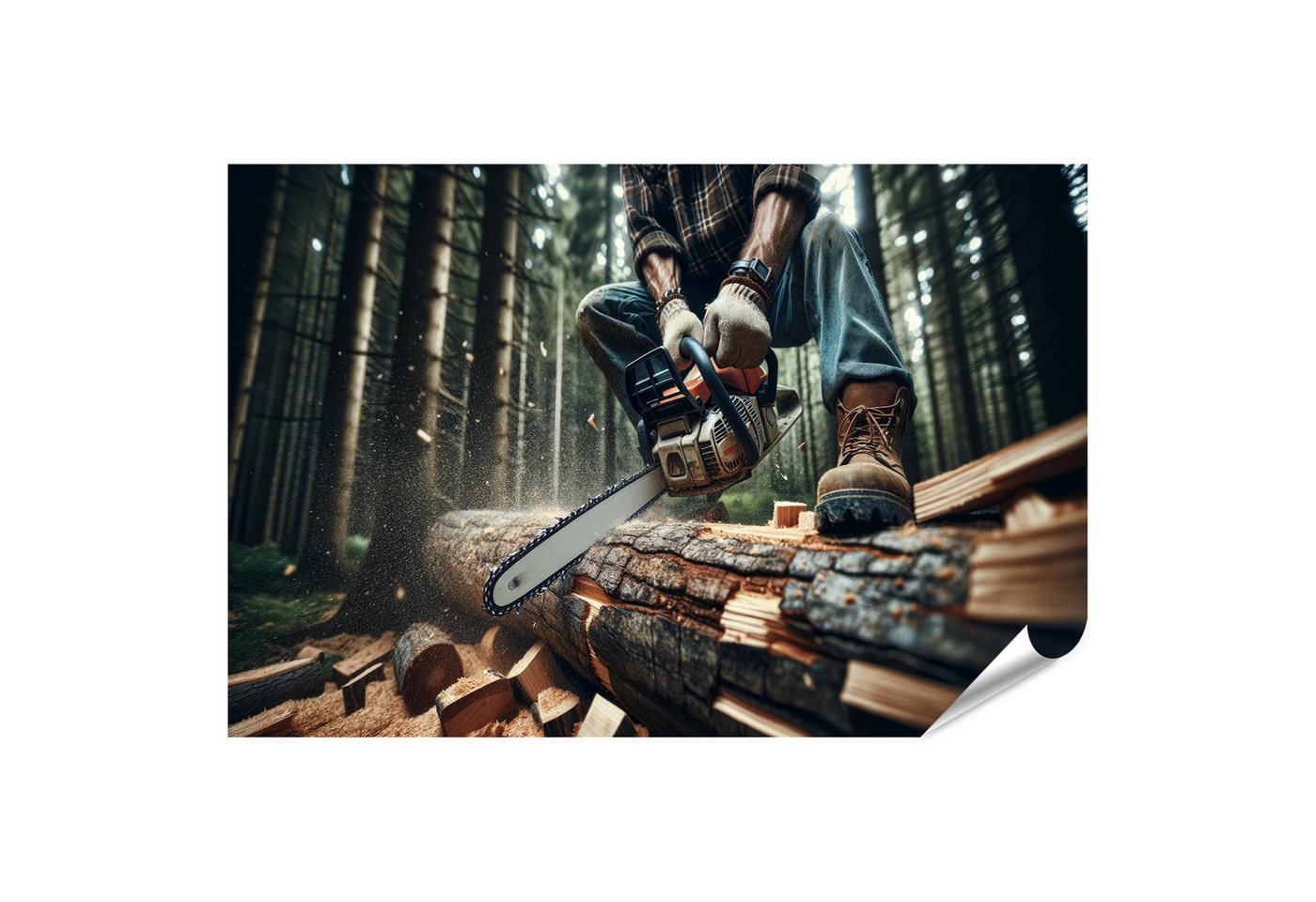 islandburner Poster Nahaufnahme eines Holzfällers beim Sägen eines Baumstamms mit Kettensä islandburner Poster Nahaufnahme eines Holzfällers beim Sägen eines Baumstamms mit Kettensä von islandburner