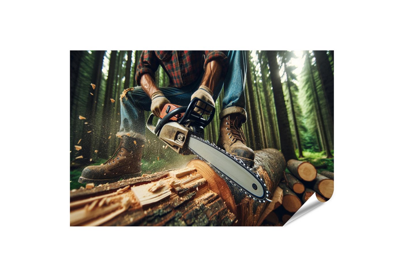 islandburner Poster Nahaufnahme eines Holzfällers beim Sägen eines Baumstamms von islandburner